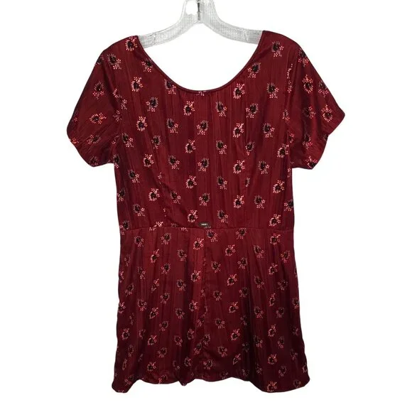 Obey Size M Dress Rouge Mini Floral Crinkle Velvet Button Front Ox Blood Red - Picture 3 of 12